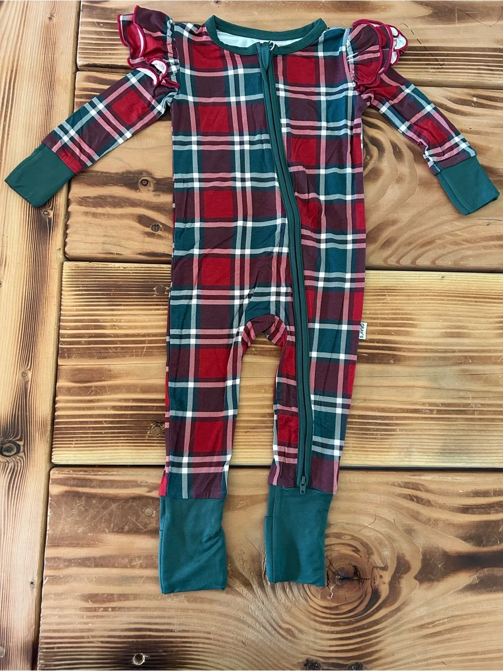 Family Plaid Zippered Kids One-Piece in Red and Green - Holiday Sleepwear